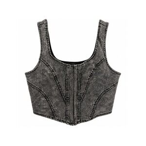Blashe Womens Medium Gray Acid Wash Denim Corset Crop Top Hook Eye Closure